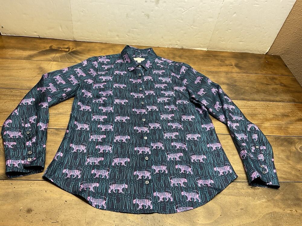 J Crew Collection Blouse Womens 8 Blue Purple Silk Tiger Button Down Silk Top